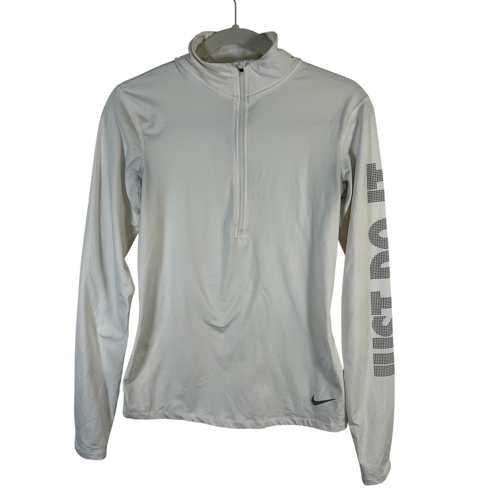 Nike Pro Dri-FIT Women Quarter Zip Pullover White Just Do It Sleeve activewear M